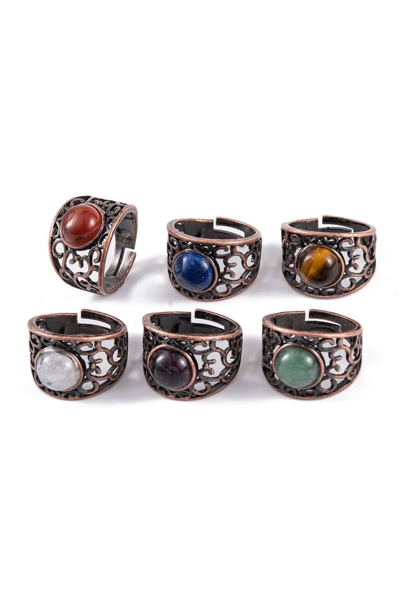 5pcs Natural Mixed Stone Round Adjustable Rings Red Copper Plated Brass Wide Band Rings for Men Inner Diameter: 19mm