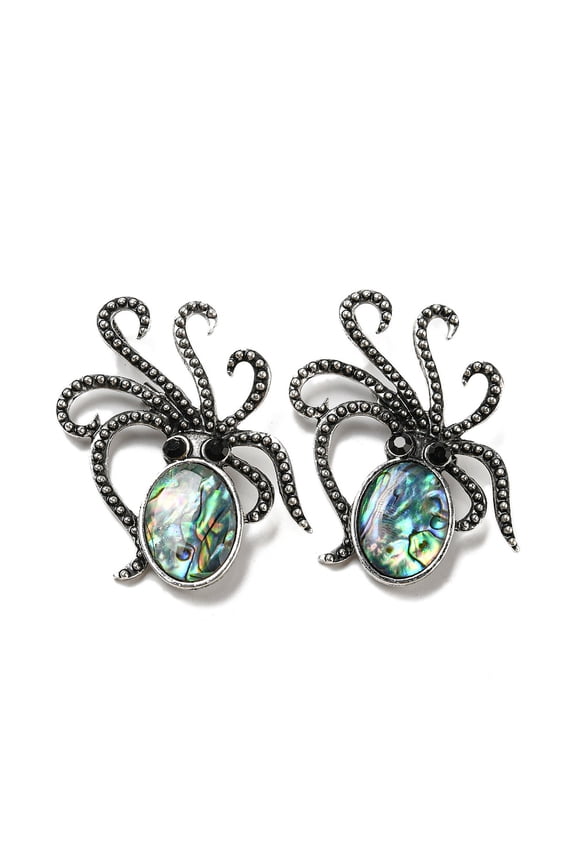 5pcs Natural Paua Shell/Abalone Shell Octopus Brooch Alloy Pave Jet Rhinestone Sea Animal Pins Silver Colorful 52.5x36.5x4~6mm Hole: 7x4mm