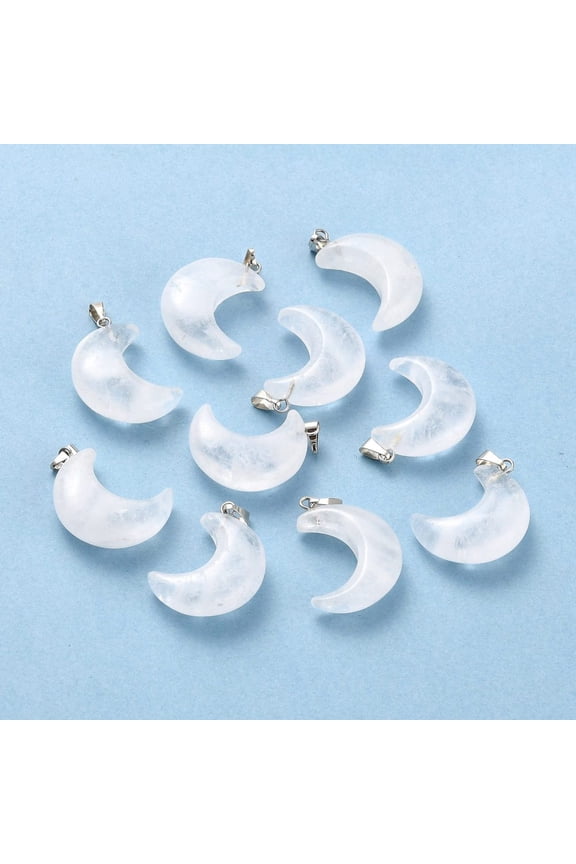 5pcs Natural Quartz Crystal Pendants Rock Crystal Pendants with Platinum Brass Loops Moon 29x18~21x7~10mm Hole: 6x3mm