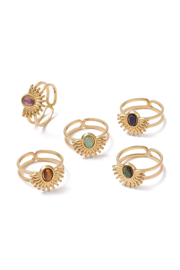5pcs Natural White Jade Amethyst Lazuli Tiger Eye 7 African Turquoise Finger Ring 304 Stainless Steel Sun Open Cuff Ring for Women Golden