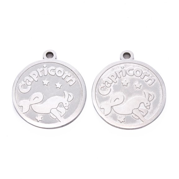 5pcs Non-Tarnish 201 Stainless Steel Pendants Flat Round with Twelve Constellation Laser Cut Stainless Steel color Capricorn 25x22x1.5mm Hole: 2mm