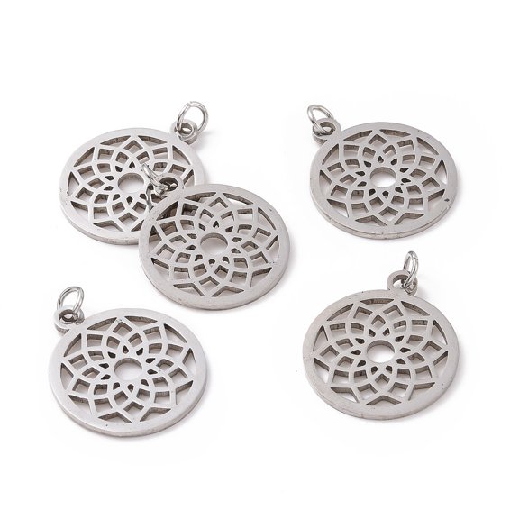 5pcs Non-Tarnish 304 Stainless Steel Pendants Chakra Sahasrara Flat Round with Flower Stainless Steel color 22.5x19x1mm Hole: 3mm