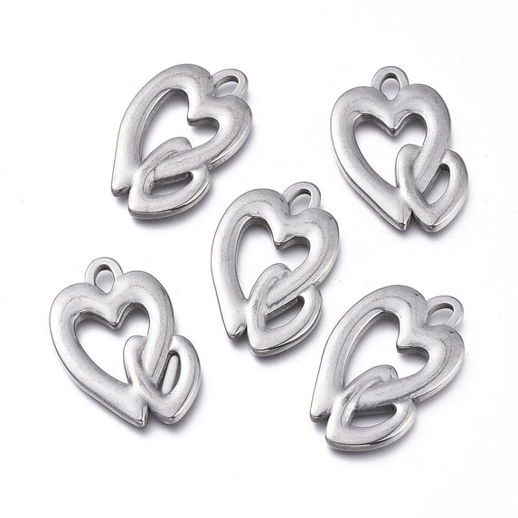5pcs Non-Tarnish Valentine's Day 304 Stainless Steel Pendants Heart with Heart Stainless Steel color 30.5x21x3mm Hole: 4.5x2.8mm