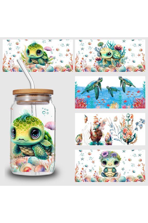 5pcs Ocean Cartoon Printing Colorful Logo DIY UV DTF Transfer Stickers for Glass Cups, Waterproof Decals, Plastic Self-adhesive Labels for Bottles and Cups Decoration