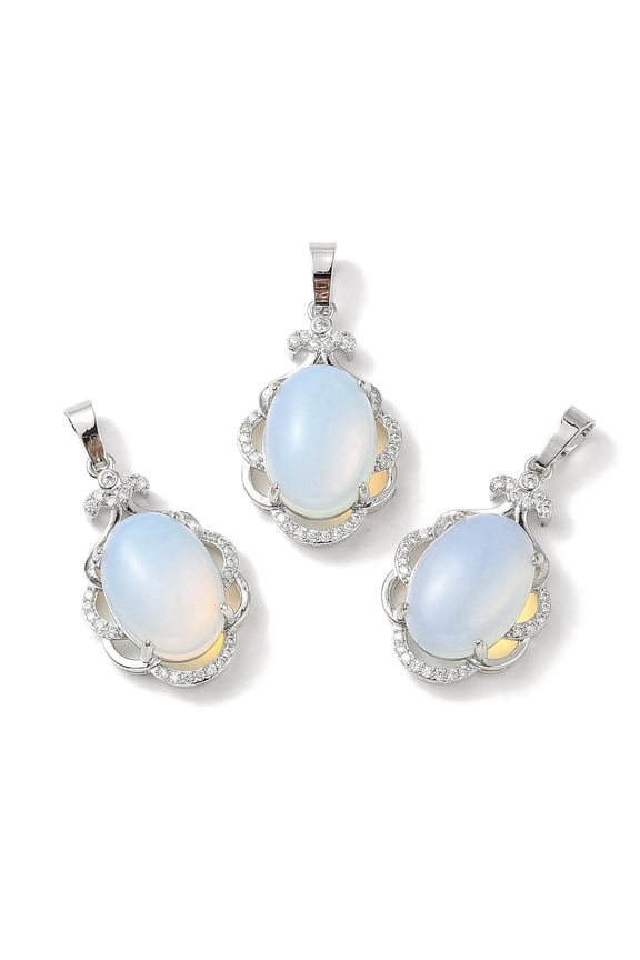 5pcs Opalite Oval Pendants Platinum Tone Brass Micro Pave Clear Cubic Zirconia Flower Charms Long-Lasting Plated Lead Free & Cadmium Free 30x19x10mm Hole: 7.8x5mm