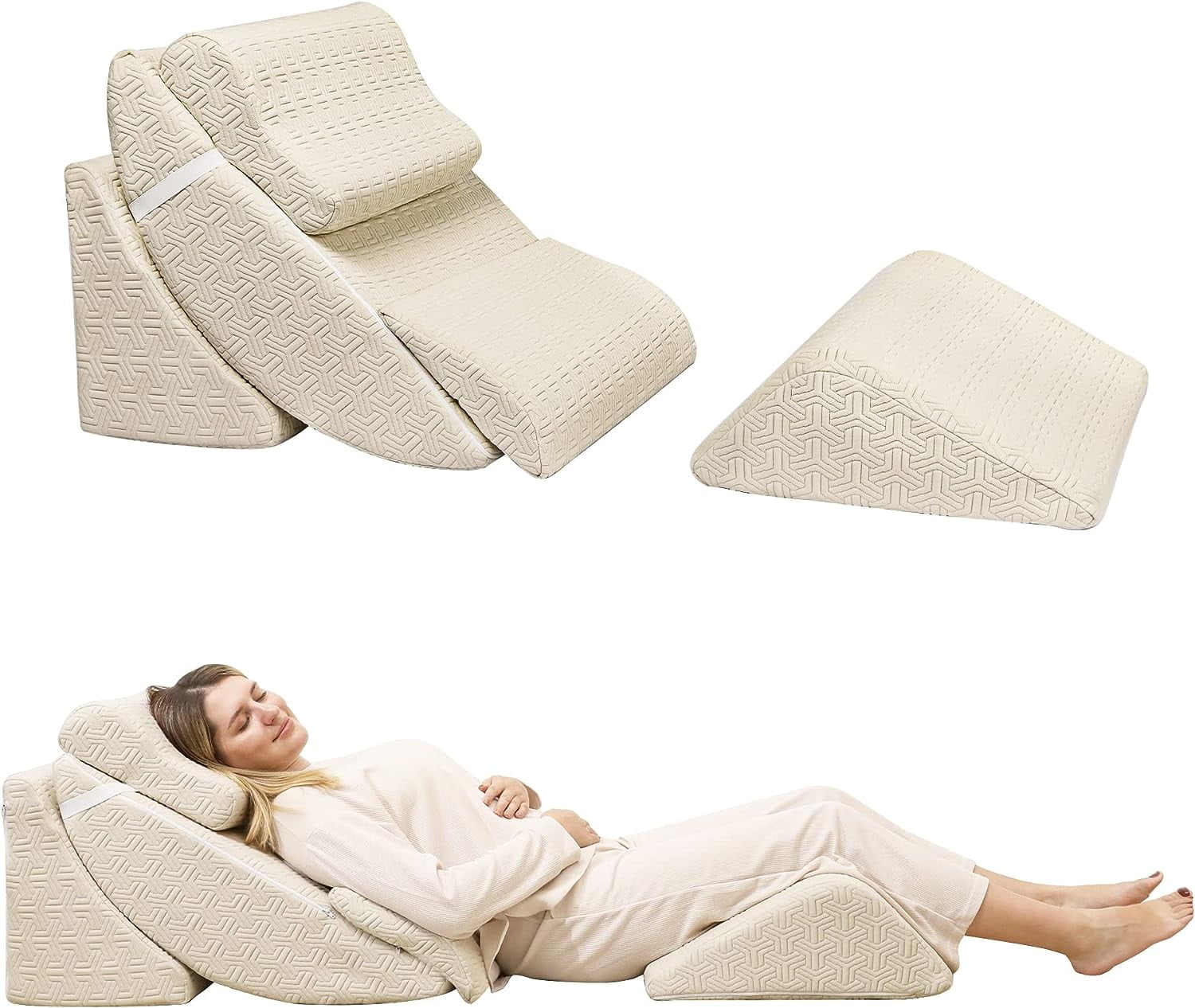 5pcs Orthopedic Bed Wedge Pillow Set, Adjustable Memory Foam, Post Surgery Foam for Back Neck & Leg Pain Relief Support, Acid Reflux, Snoring Reading, Sleeping, Sitting up, Beige