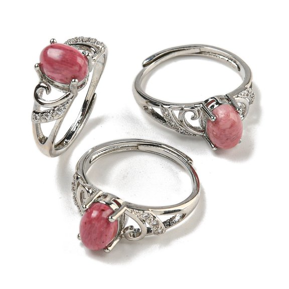 5pcs Oval Natural Rhodonite Adjustable Rings Brass Clear Cubic Zirconia Ring for Women Long-Lasting Plated Lead Free & Cadmium Free Platinum Inner Diameter: 18mm