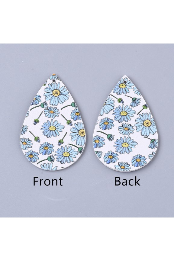 5pcs PU Leather Big Pendants teardrop with Flower Pattern Aqua 55x35x2mm Hole: 2mm