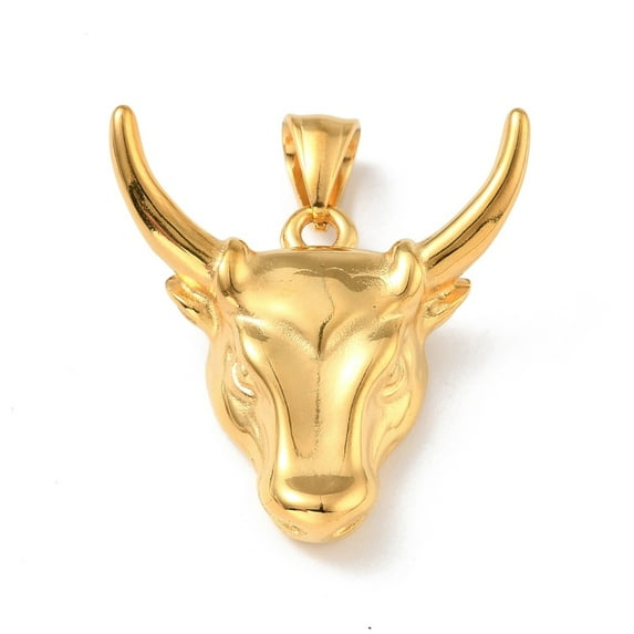 5pcs PVD Vacuum Plating 304 Stainless Steel Pendants Bull Head Golden 35x33x9mm Hole: 8x5mm