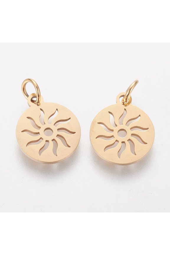 5pcs PVD Vacuum Plating 304 Stainless Steel Pendants Flat Round with Sun Golden 14x12x1.1mm Hole: 3mm