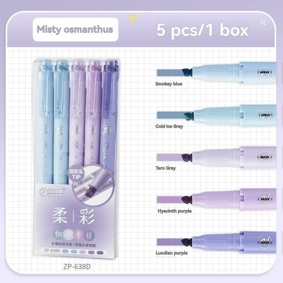 5pcs Pastel Highlighters Colors Dual Tip Fluorescent Hook Pen Colored Mark Pen Cute Markers for Journaling Japanese Stationery