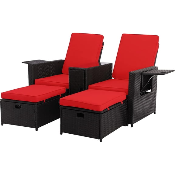 5pcs Patio Wicker Loveseat - Outdoor Rattan Sofa Set with Cushion - Adjustable Lounge Chair with Ottoman Footrest, Wicker Furniture for Garden, Patio, Balcony, Beach, Coffee Bar, Deck