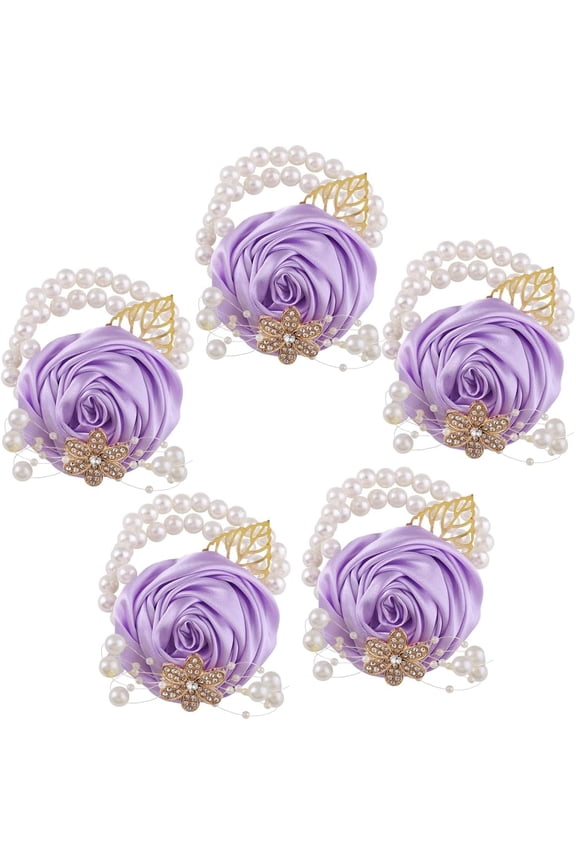 5pcs Pearl Beaded Satin Wrist Corsage Artificial Flowers, Women Corsages Wristlet Décor for Prom/Wedding/Anniversary, etc. (Lilac)