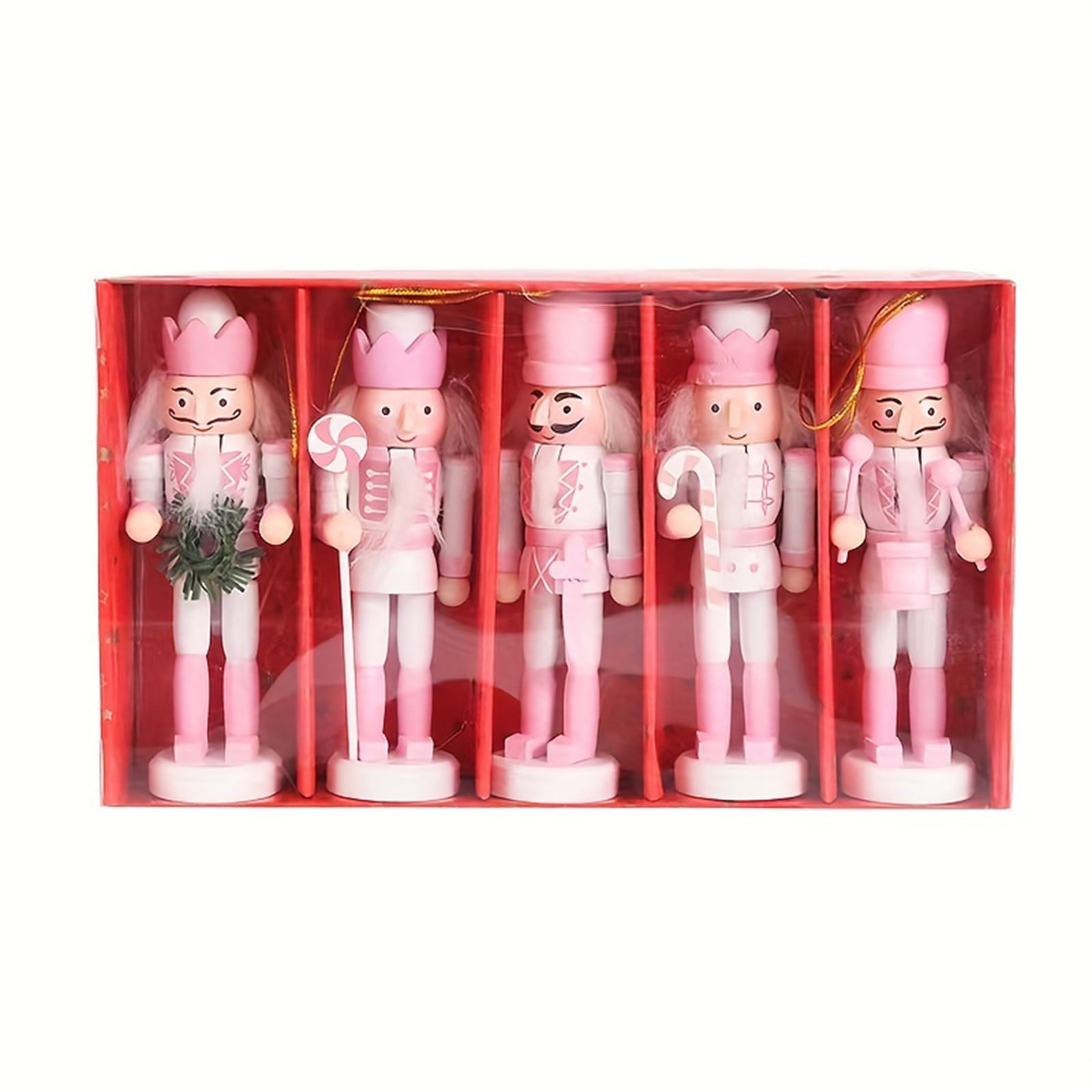 PartyKindom Pink Nutcracker Ornaments - 5-Pack Wood Christmas Hanging Decor For Tree & Holiday Decorating