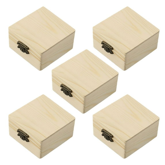 5pcs Plain Wood Wooden Square Hinged Storage Boxes Craft Gift- Box Handmade Case Box Storage Organization Retro Jewelry Box
