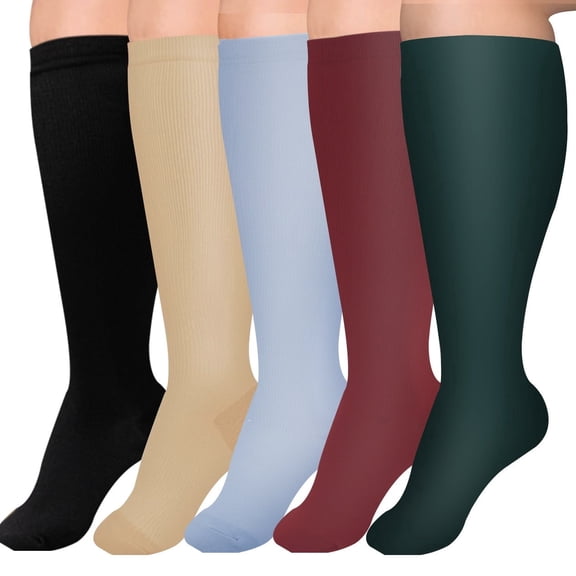 5pcs Plus Size Compression Socks for Women 15-20 mmhg Extra Wide Calf Knee High Support Socks for Circulation,3XL,Style 25