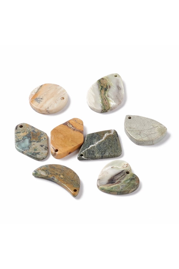 5pcs Polychrome Jasper/Picasso Stone/Picasso Jasper Pendants Flat Round & Heart & Teardrop & Rhombus & Moon 28~39.5x18.5~29.5x3~4.5mm Hole: 1.6~2mm