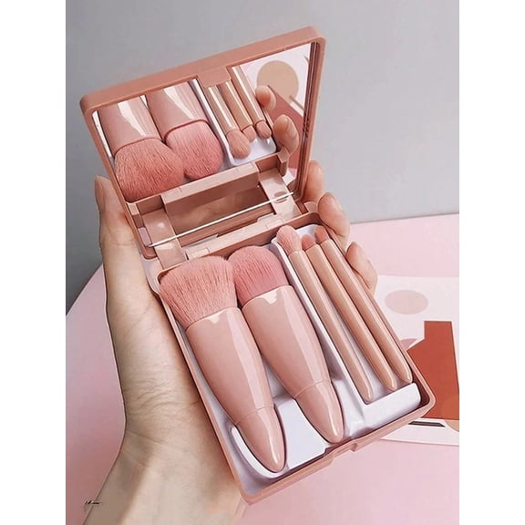 5pcs Portable Makeup Brush Set with Mirror Case - Mini Travel Makeup Brush Kit for Foundation, Powder, Blush & Eyeshadow