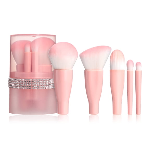 5pcs Portable Makeup Brushes Pink Bucket Short Carrying Convenient Diamond Encrusted Travel Brushes