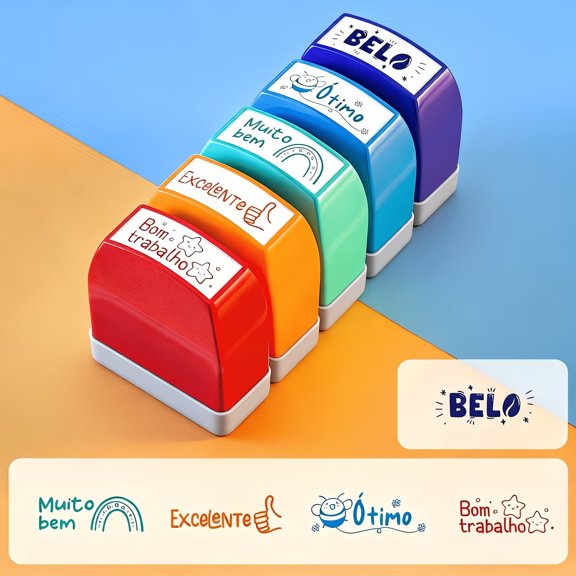 5pcs Portuguese Language Teacher Stamps for Homework Rewards - Color-Coded Praise Seals for Student Progress Tracking
