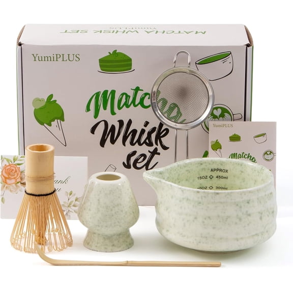 5pcs Premium Matcha Set,Ceramic Bowl with Spout and Bamboo Whisk set, Ceremonical Matcha Kit for breakfast/latte,Tea Starter Making Kit,Unique Matcha Gift set (green)