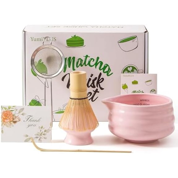 5pcs Premium Matcha Set,Ceramic Bowl with Spout and Bamboo Whisk set, Ceremonical Matcha Kit for breakfast/latte,Tea Starter Making Kit,Unique Matcha Gift set (pink)