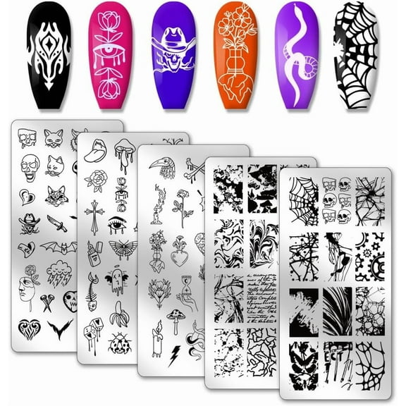 5pcs Punk Style Nail Stamper Skull Spider Nail Stamping Plate Nail Art Stencils Print Nail Stencils Stainless Steel Nail Image Plates for Halloween Nail Art Design Print Manicure Salon DIY
