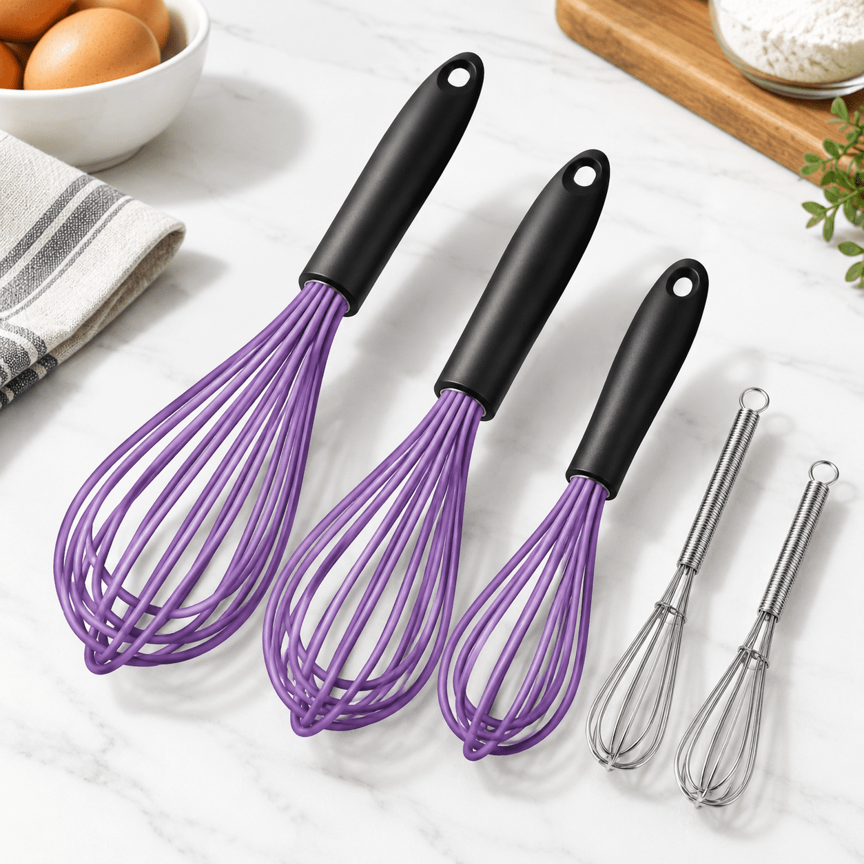 5pcs Purple + Stainless Steel;7+9+11in & 5+7in Silicone Whisk Set for ...