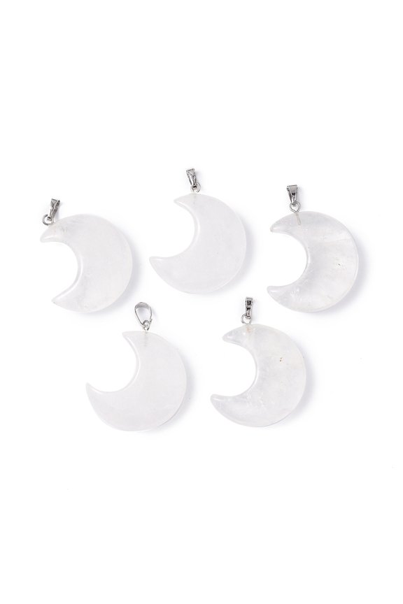 5pcs Quartz Pendants Rock Pendants Moon with Tone Brass Findings 30.5x27x9mm Hole: 4x3mm