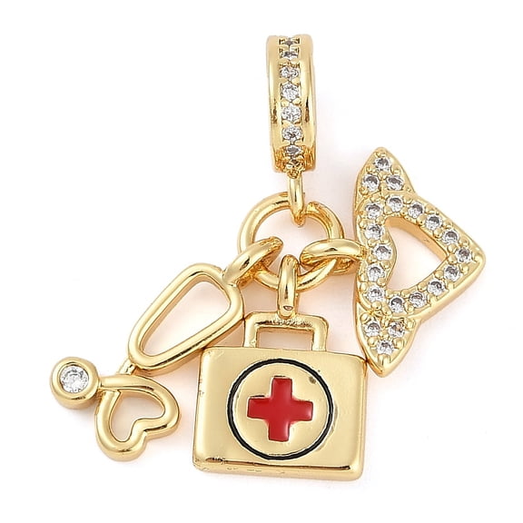5pcs Rack Plating Brass Clear Cubic Zirconia European Dangle Enamel Stethoscope & First- Case Large Hole Pendants golden Long-Lasting Cadmium Free & Lead Free Red 27mm Hole: 4.5mm