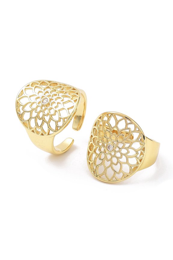 5pcs Rack Plating Brass Hollow Flower Open Cuff Ring with Cubic Zirconia Cadmium Free & Lead Free golden Size 6 1/2(16.9mm)