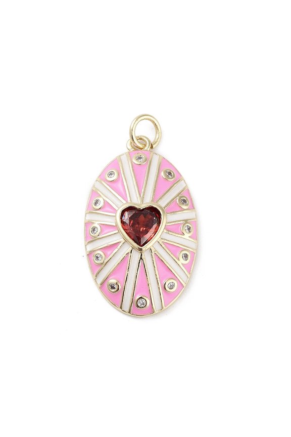5pcs Rack Plating Brass Micro Pave Clear Cubic Zirconia Pendants with Enamel Long-Lasting Lead Free & Cadmium Free Oval with Heart Pearl Pink 26x16x4mm Hole: 3.5mm