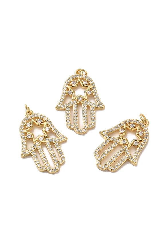 5pcs Rack Plating Brass Pave Cubic Zirconia Pendants with Jump Ring Lead Free & Cadmium Free Real 18K golden Plated Long-Lasting Plated Hamsa Hand with Star Charm Clear 28x19.5x3mm Hole: 3.4mm