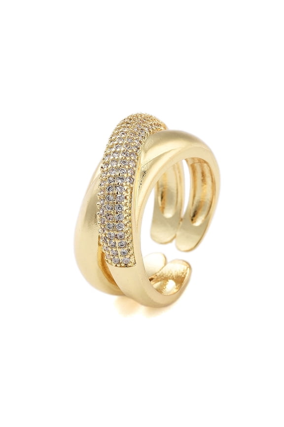 5pcs Rack Plating Brass Pave Cubic Zirconia Rings for Women Cadmium Free & Lead Free Long-Lasting X shape golden 10.5mm Adjustable