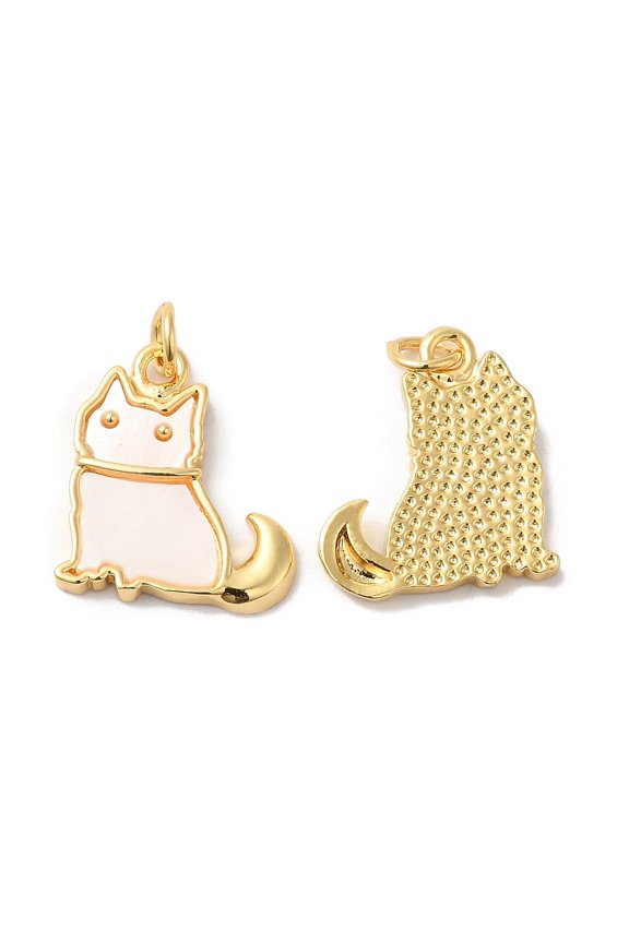5pcs Rack Plating Brass Pendants Cat Shape with Shell Long-Lasting Cadmium Free & Lead Free golden 18.5x16x3mm Hole: 3.4mm