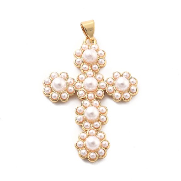 5pcs Rack Plating Brass with ABS Imitation Pearl Long-Lasting Lead Free & Cadmium Free Cross golden 36.5x25.5x5mm Hole: 5x3mm