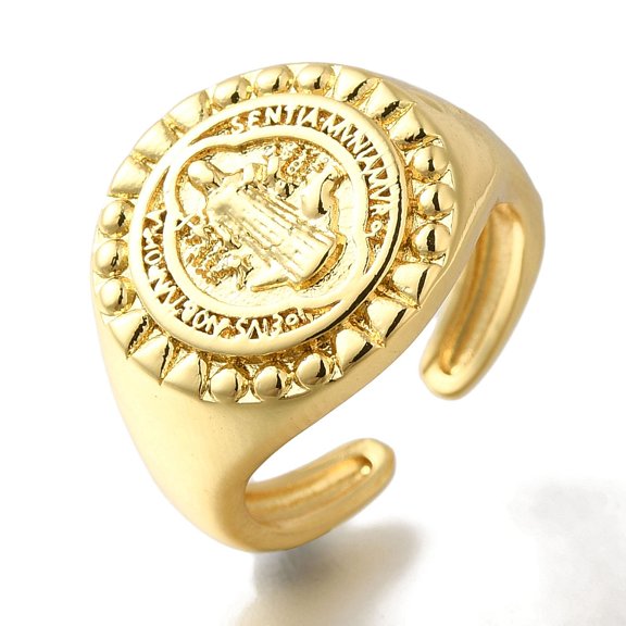 5pcs Rack Plating Round with Saint Brass Open Cuff Rings Signet Rings for Women Cadmium Free & Lead Free Long-Lasting golden 16mm