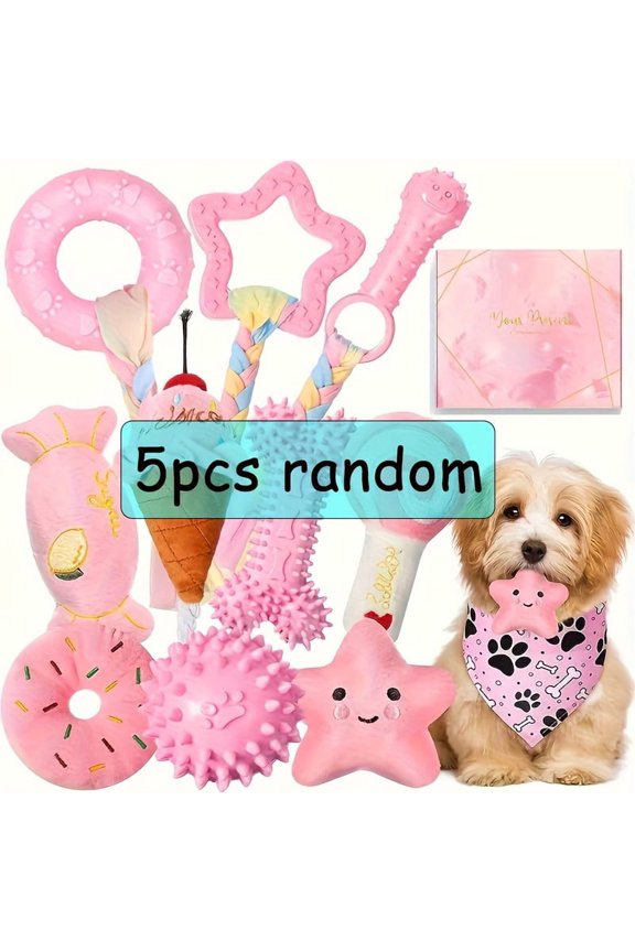 5pcs Random Puppy Chew Toy Set - Non Toxic Plush And Plastic Teeth Cleaning Pet Toy Set For Small Dogs - Durable Dog Teething Toy Series For Dental Health, Interactive Games, And Self Entertainment
