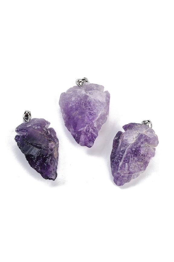 5pcs Raw Rough Natural Amethyst Pendants Arrow Head Charms with Stainless Steel Snap on Bails Stainless Steel color 31~39.5x19~25x8~14.5mm Hole: 2.5x3.5mm