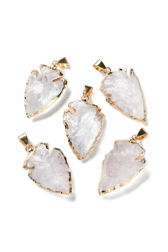 5pcs Raw Rough Natural Quartz Pendants Rock Arrow Head Charms with Golden Tone Brass Snap on Bails 27~39x17~22x6~11mm Hole: 7x4mm