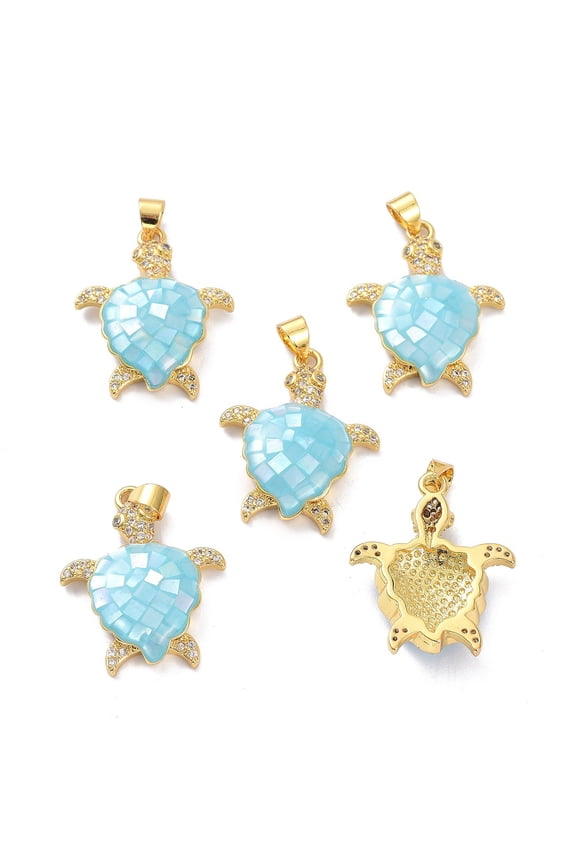 5pcs Real 18K golden Plated Brass Micro Pave Clear Cubic Zirconia Pendants with Shell filled in Enamel Long-Lasting Plated Turtle Deep Sky Blue 26x21x5.5mm Hole: 4x3.5mm