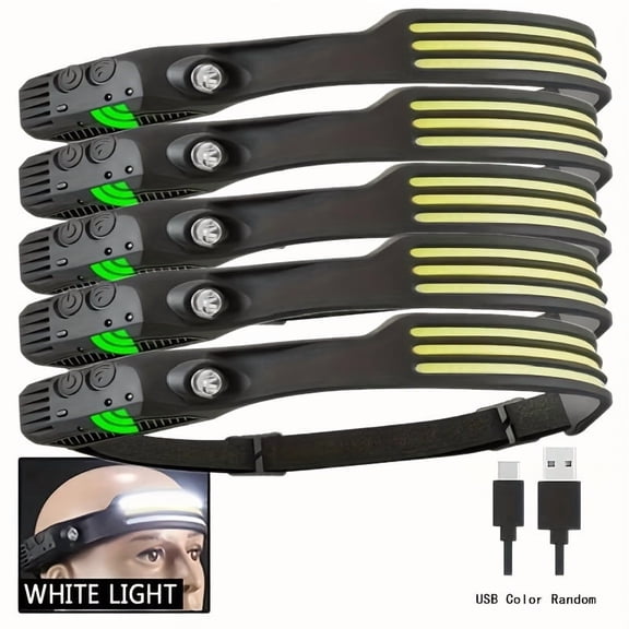 5pcs Rechargeable LED Headlamp, 1-5 Pack, Multi-Purpose Ultra-Bright Headlight with 3 Light Strips, Battery Powered with Lithium Battery, Includes USB Cable