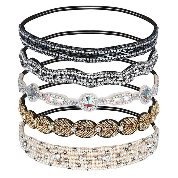 5pcs Rhinestone Beaded Headbands, No Slip Jeweled Head Wraps Women Girls Hair Headbands