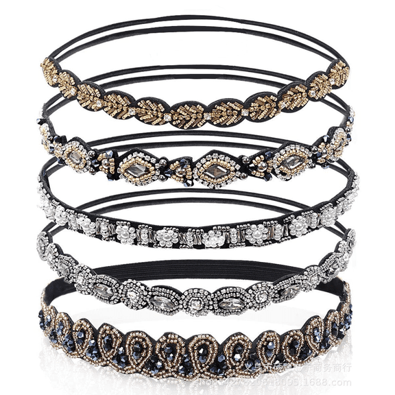 5pcs Rhinestone Beaded Headbands, No Slip Jeweled Head Wraps Women Girls Hair Headbands