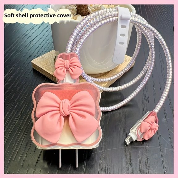 5pcs Rhinestone Data Cable Protector & Charger Head Cover Set with Bow
