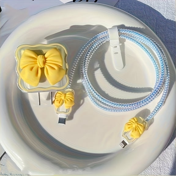 5pcs Rhinestone Data Cable Protector & Charger Head Cover Set with Bow