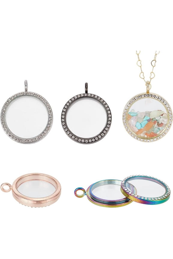 5pcs Rhinestone Photo Frame Charm 5 Colors 35mm Round Double-Sided Picture Frame Memory Locket Charm Alloy Dangle Charms for Wedding Bridal Bouquet Keychain Jewelry Making