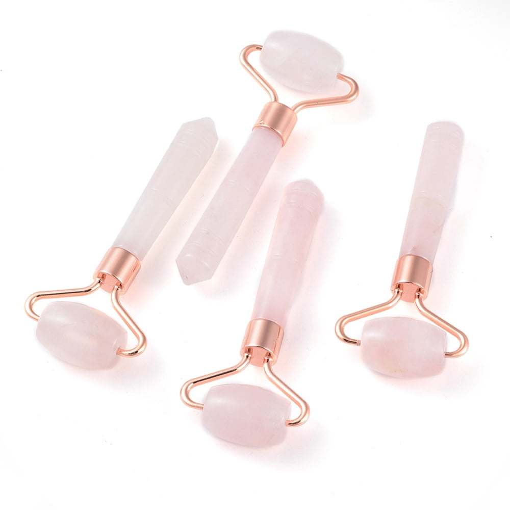 5pcs Rose Quartz Massage Tools Facial Rollers with Brass Findings Rose golden 95x40x18mm