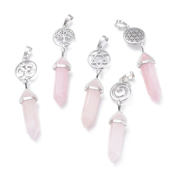 5pcs Rose Quartz Pointed Big Pendants Double Terminated Pointed with Brass Findings Faceted 59~67x14~15mm Hole: 7x5mm : 41~44x8mm