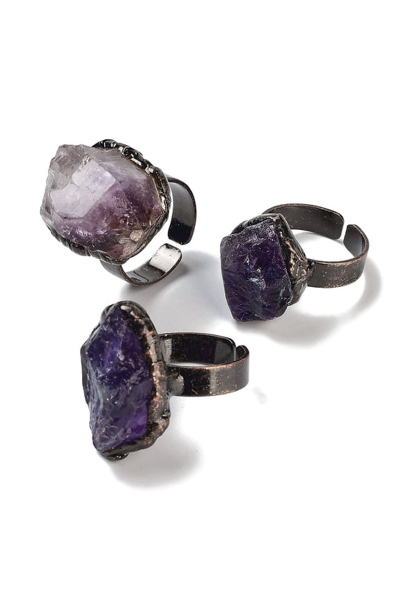 5pcs Rough Raw Natural Amethyst Irregular Nugget Open Cuff Ring Brass Ring for Women Red Copper Adjustable
